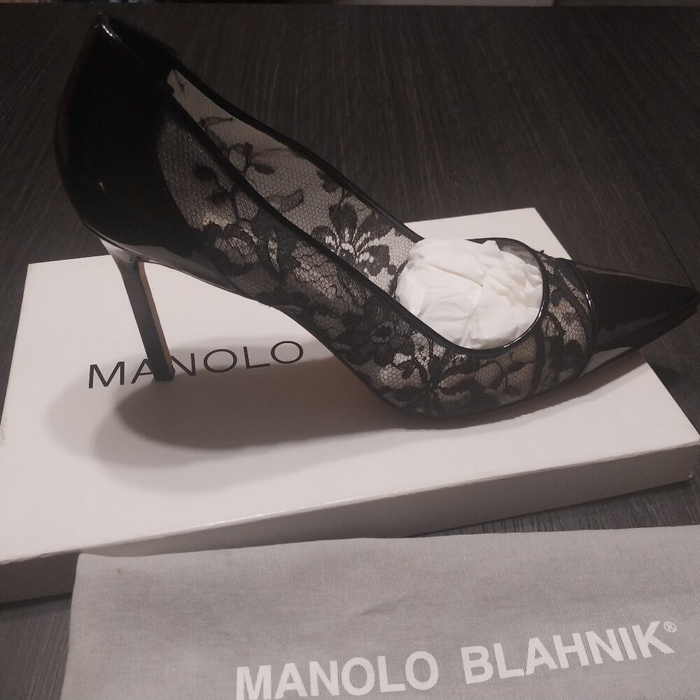 Manolo Blahnik Black Patent and Lace Patchala Stiletto, 90mm heel, size 42
